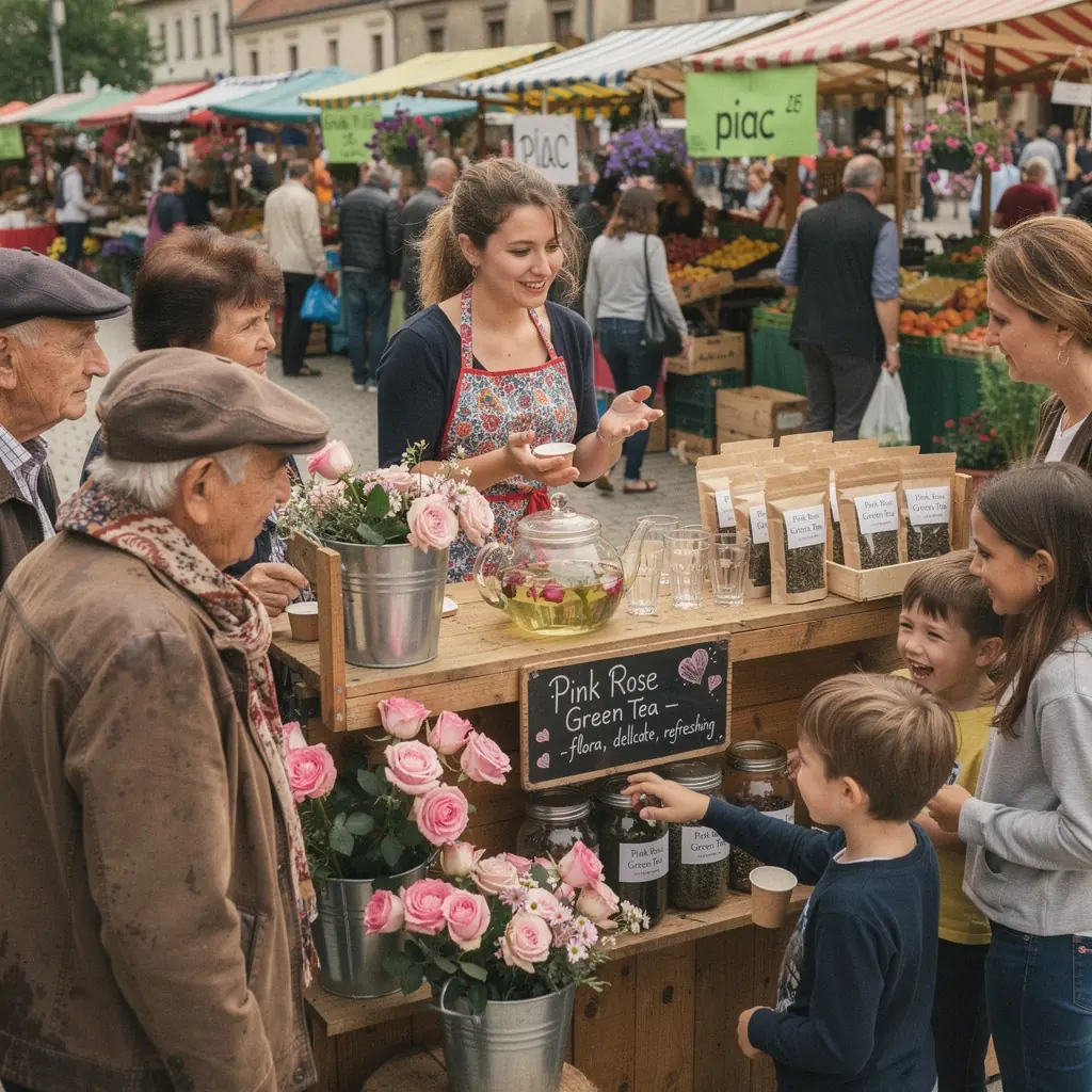 Romantikus teás csésze, mellette rózsák és friss zöld levelek.