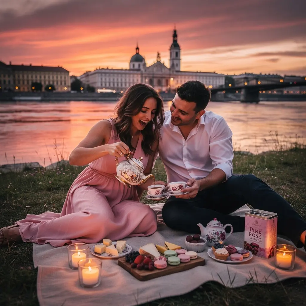 Rózsaszín rózsa és zöld tea elegáns kombinációja, tökéletes ajándék.