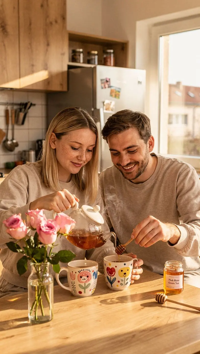 Zöld tea, rózsaszín rózsákkal, a természet szépségét tükrözve.