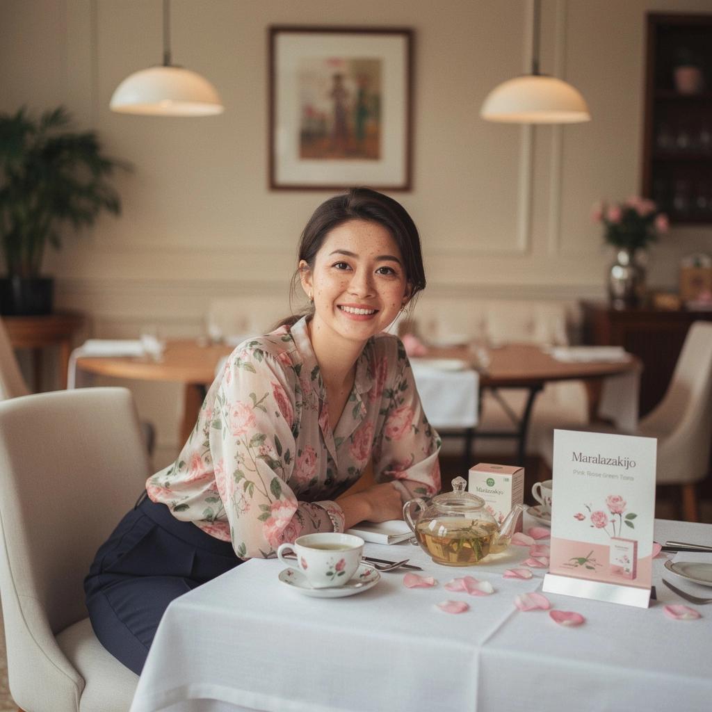 Friss zöld tea levelek és rózsaszín rózsák harmonikus elegye.